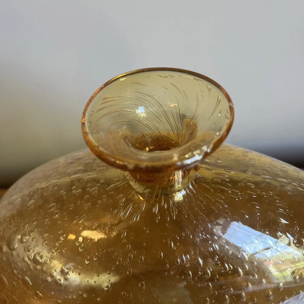 Vintage Bubble Glass Vase Amber Yellow Art Glass Contemporary MCM